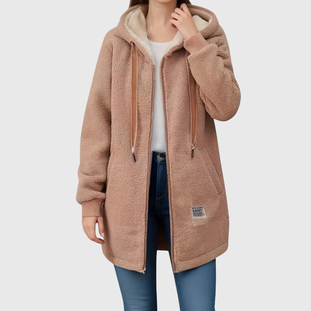 Brown women’s fleece hooded jacket with full zip, drawstring hood, and side pockets