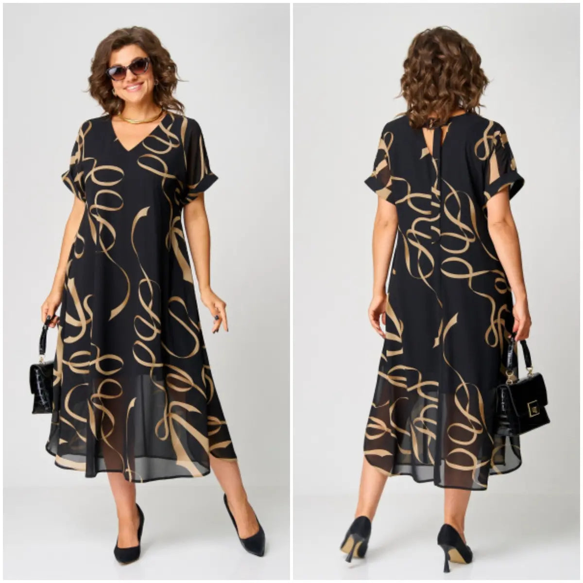 Women's NORA midi dress in black with gold abstract script, short sleeves, V-neck.