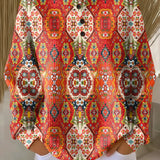 Orange ethnic floral pullover with long sleeves and button-front placket