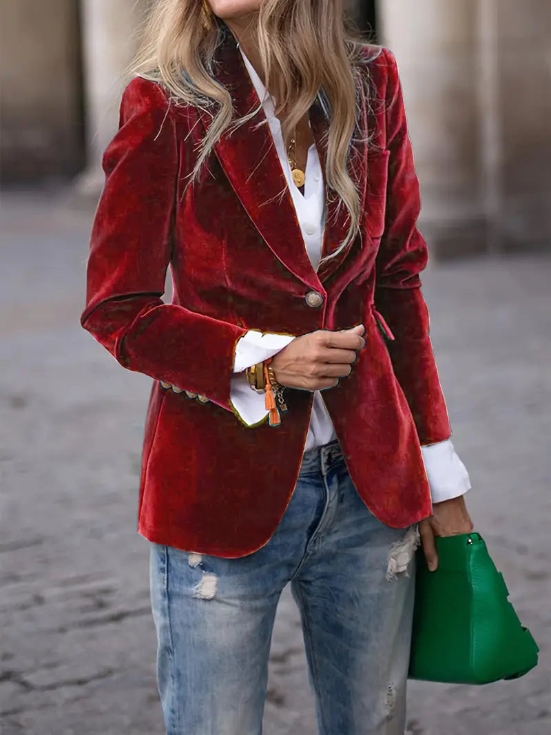 Red velvet blazer with notch lapels, single-breasted front, gold button closure, flap pockets