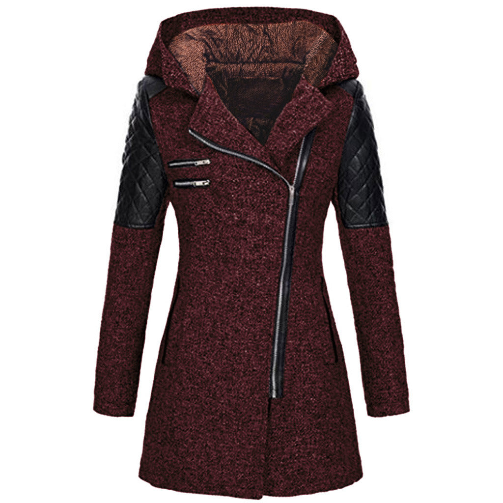 Womens winter parka coat, deep red heather, faux fur-lined hood, quilted sleeve panels