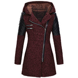 Womens winter parka coat, deep red heather, faux fur-lined hood, quilted sleeve panels