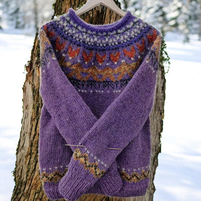 Purple knitted sweater pullover with Fair Isle yoke and long sleeves