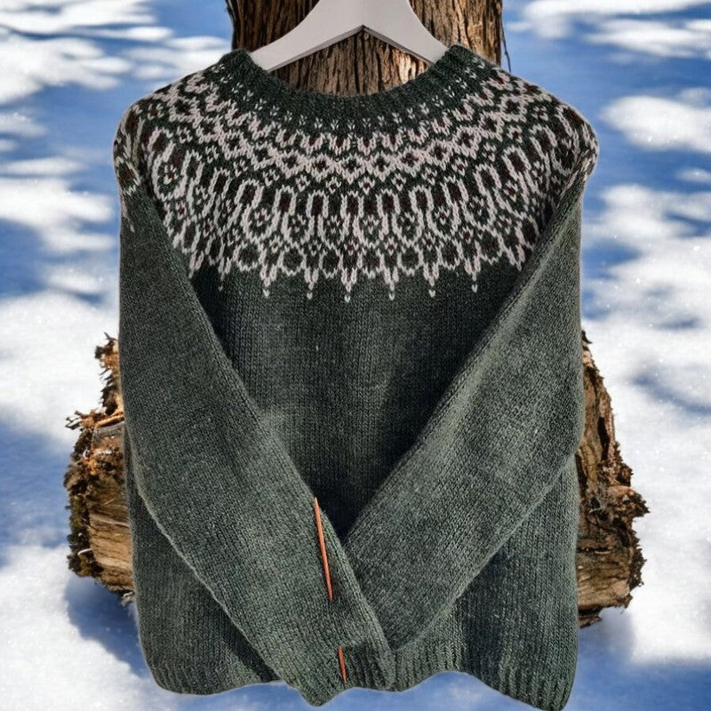 Green fair isle knit sweater, crew neck, long sleeves