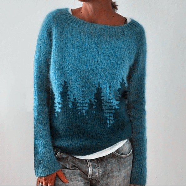 SILVIA retro pullover, blue crewneck sweater with tree-like pattern in dark