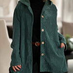 Green corduroy hooded jacket with button front and side pockets