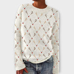 Simone cozy Christmas sweater in cream knit, crew neck, antler and berry pattern