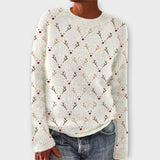 Simone cozy Christmas sweater in cream knit, crew neck, antler and berry pattern