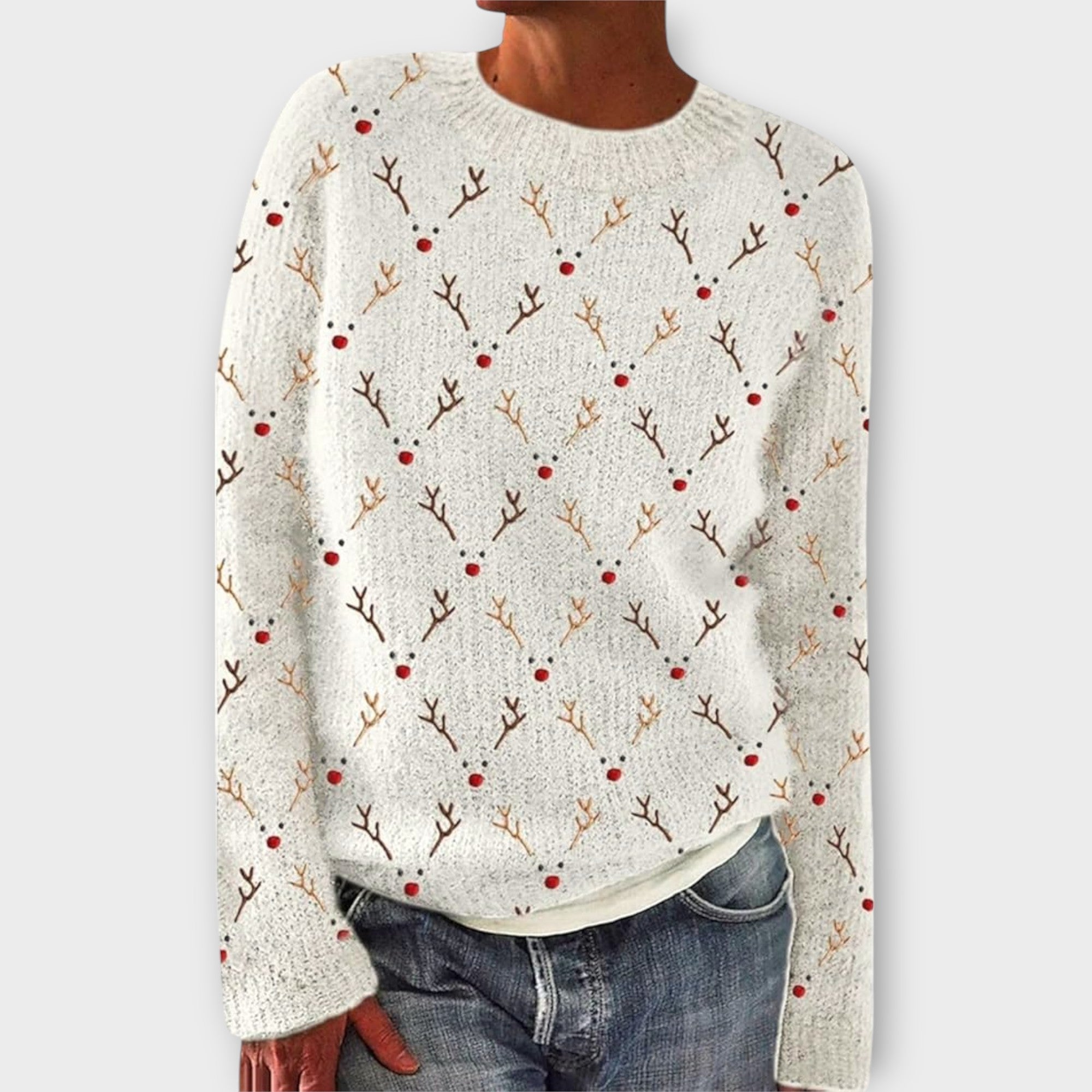 Simone cozy Christmas sweater in cream knit, crew neck, antler and berry pattern