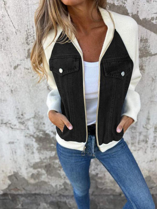 Madison™ cotton zipper jacket, dark denim body with cream contrast sleeves