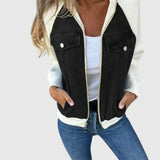 Zoeylynn refined jacket with black denim front, cream contrast sleeves, zip front, chest pockets