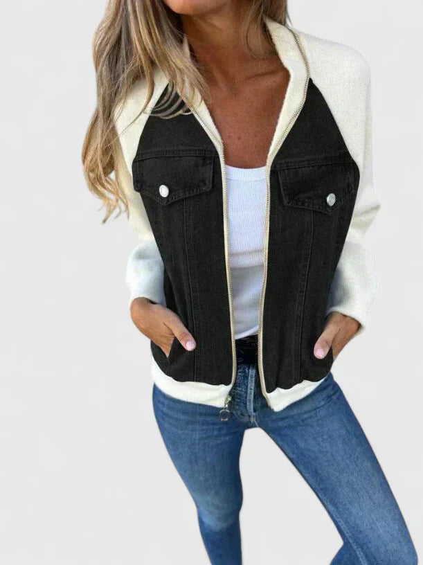 Zoeylynn refined jacket with black denim front, cream contrast sleeves, zip front, chest pockets