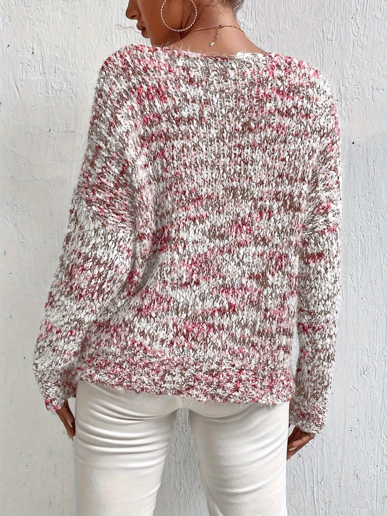 Serina™ speckled long-sleeve pullover sweater, relaxed fit, red-white knit
