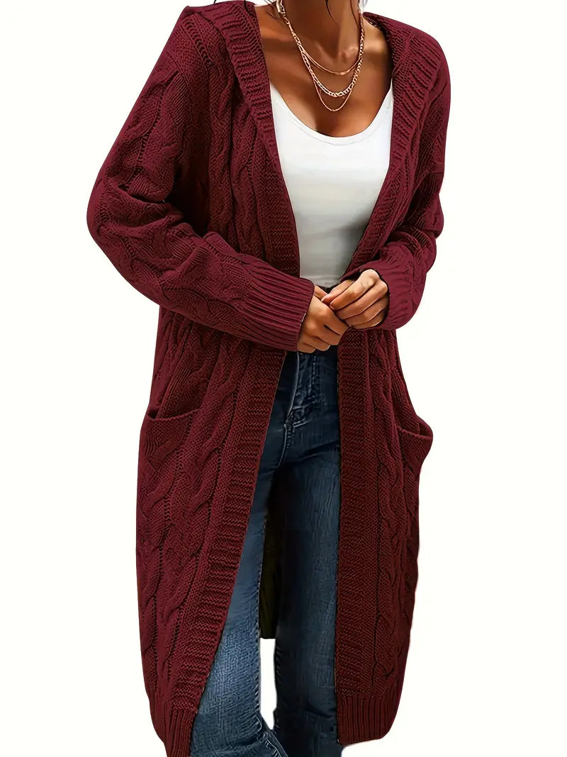 Women’s longline cable knit cardigan in burgundy, open front with shawl collar