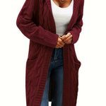 Women’s longline cable knit cardigan in burgundy, open front with shawl collar