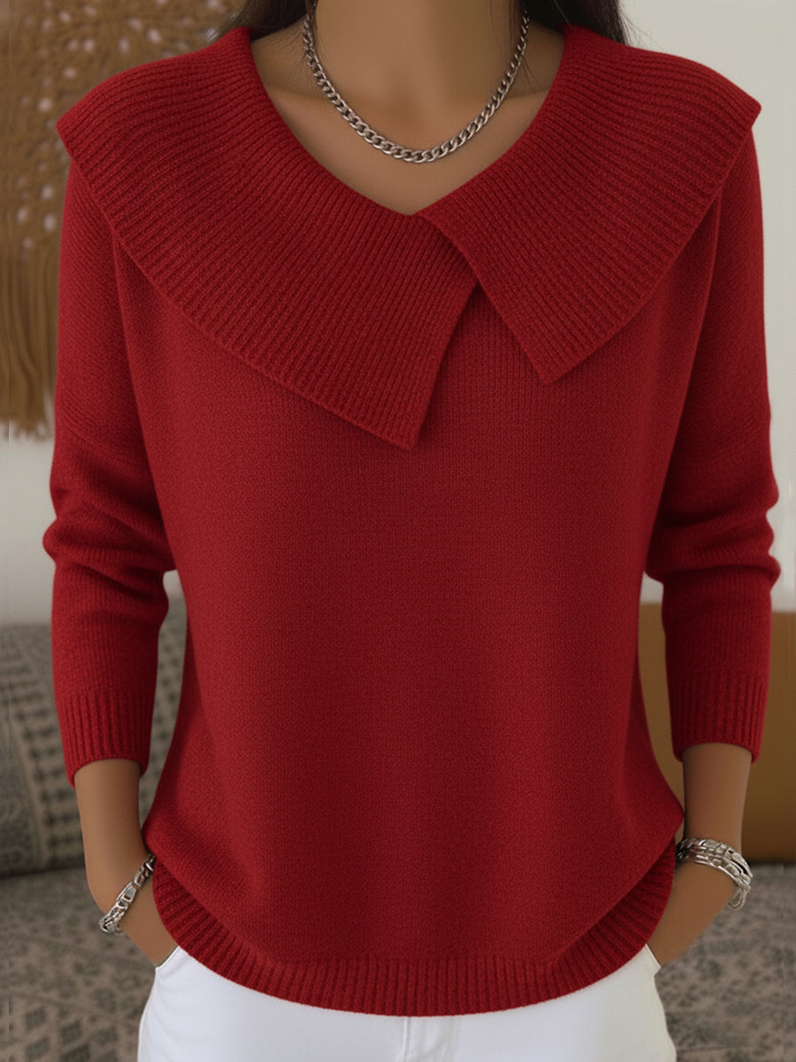 Luna™ women's Christmas sweater, red knit V-neck with wide pointed collar