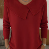 Luna™ women's Christmas sweater, red knit V-neck with wide pointed collar