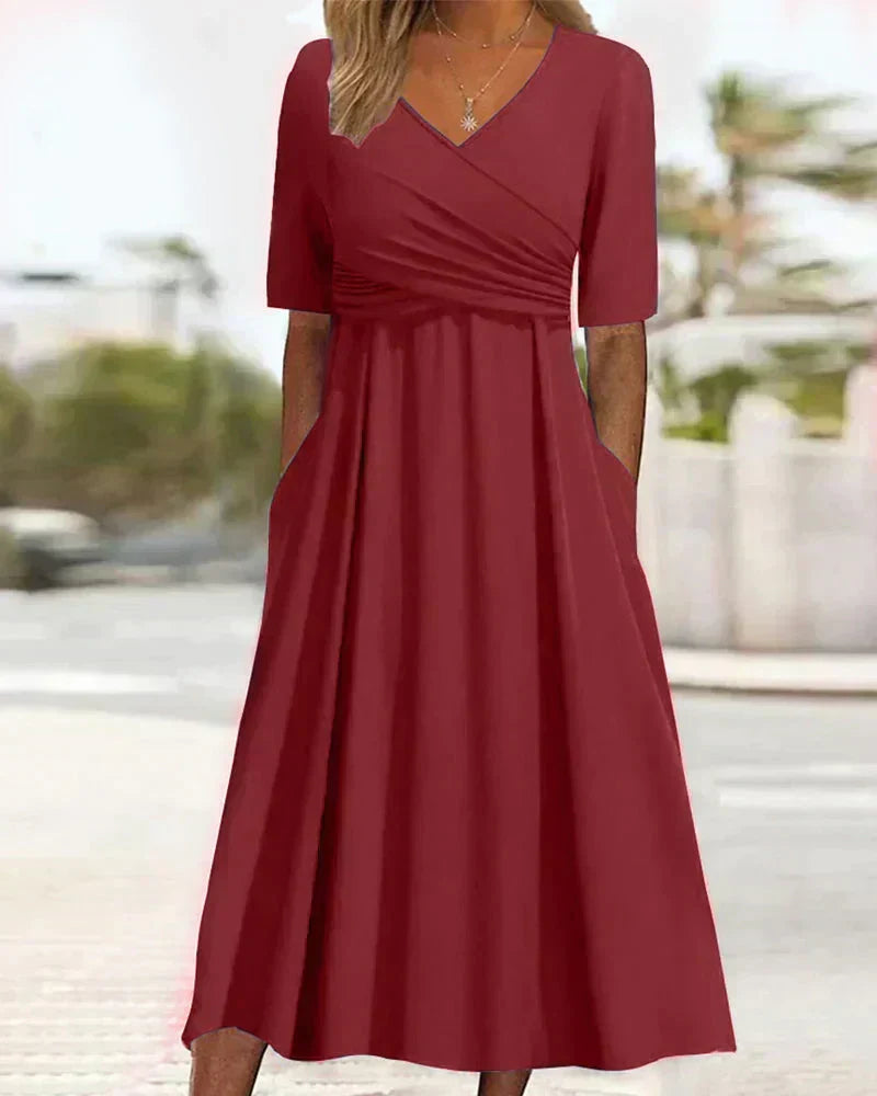 Red crossover short-sleeve dress with V-neck and gathered waist