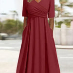 Red crossover short-sleeve dress with V-neck and gathered waist