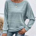 Light green striped knit pullover with batwing sleeves and ribbed cuffs, relaxed fit