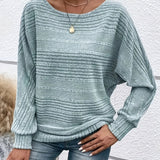 Light green striped knit pullover with batwing sleeves and ribbed cuffs, relaxed fit