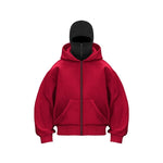 Red hooded zip sweatshirt with face mask and front pockets