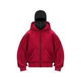 Red hooded zip sweatshirt with face mask and front pockets