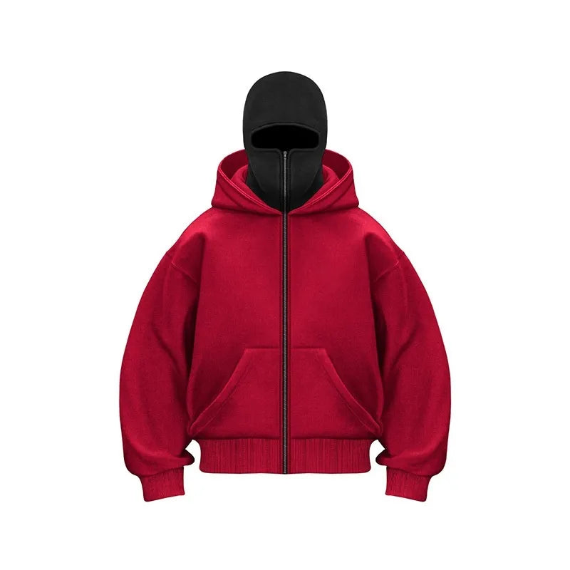 Red hooded zip sweatshirt with face mask and front pockets