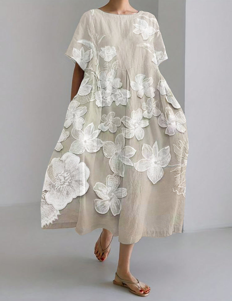 Cirelle™ floral midi dress in beige with short sleeves and oversized flower appliqués