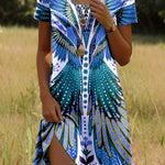 Bohemian print dress with short sleeves, blue base with dotted and leaf-like motifs