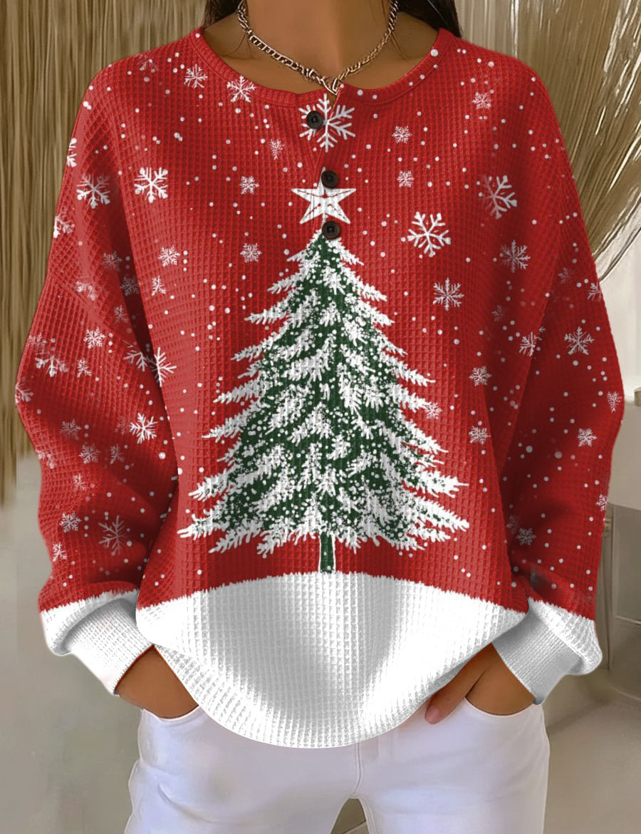 Sofia™ winter holiday knit sweater, red with snowflakes and Christmas tree graphic