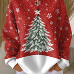 Sofia™ winter holiday knit sweater, red with snowflakes and Christmas tree graphic