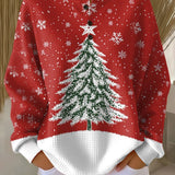 Sofia™ winter holiday knit sweater, red with snowflakes and Christmas tree graphic