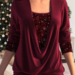 Burgundy glitter sequin top with draped V-neck and long sleeves