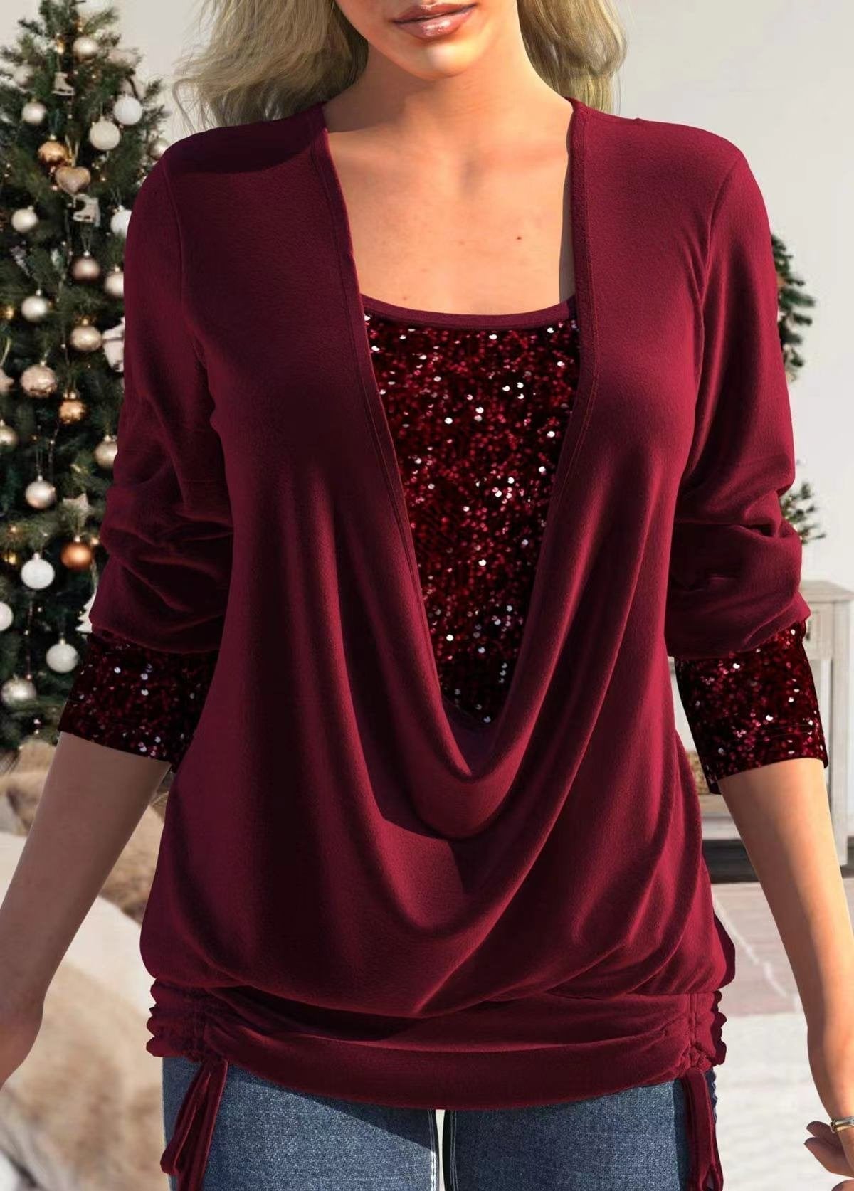 Burgundy glitter sequin top with draped V-neck and long sleeves