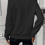 Women\u2019s back view half-zip cable-knit pullover sweater in dark color, long sleeves