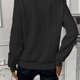Women\u2019s back view half-zip cable-knit pullover sweater in dark color, long sleeves