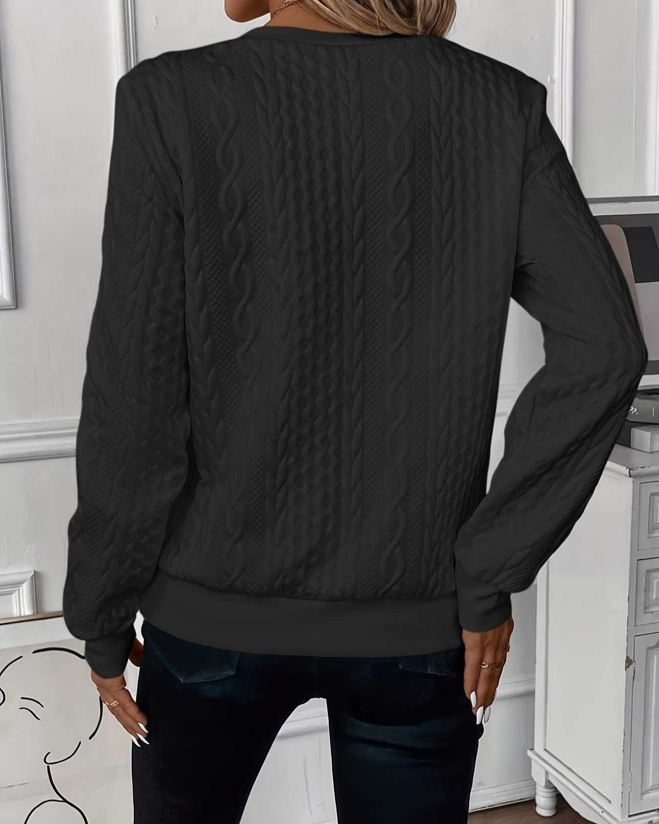 Women\u2019s back view half-zip cable-knit pullover sweater in dark color, long sleeves