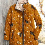 Orange Halloween quilted jacket with cat print, stars, and full zipper front