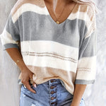 Olga™ striped V-neck pullover sweater, gray, white, and taupe stripes