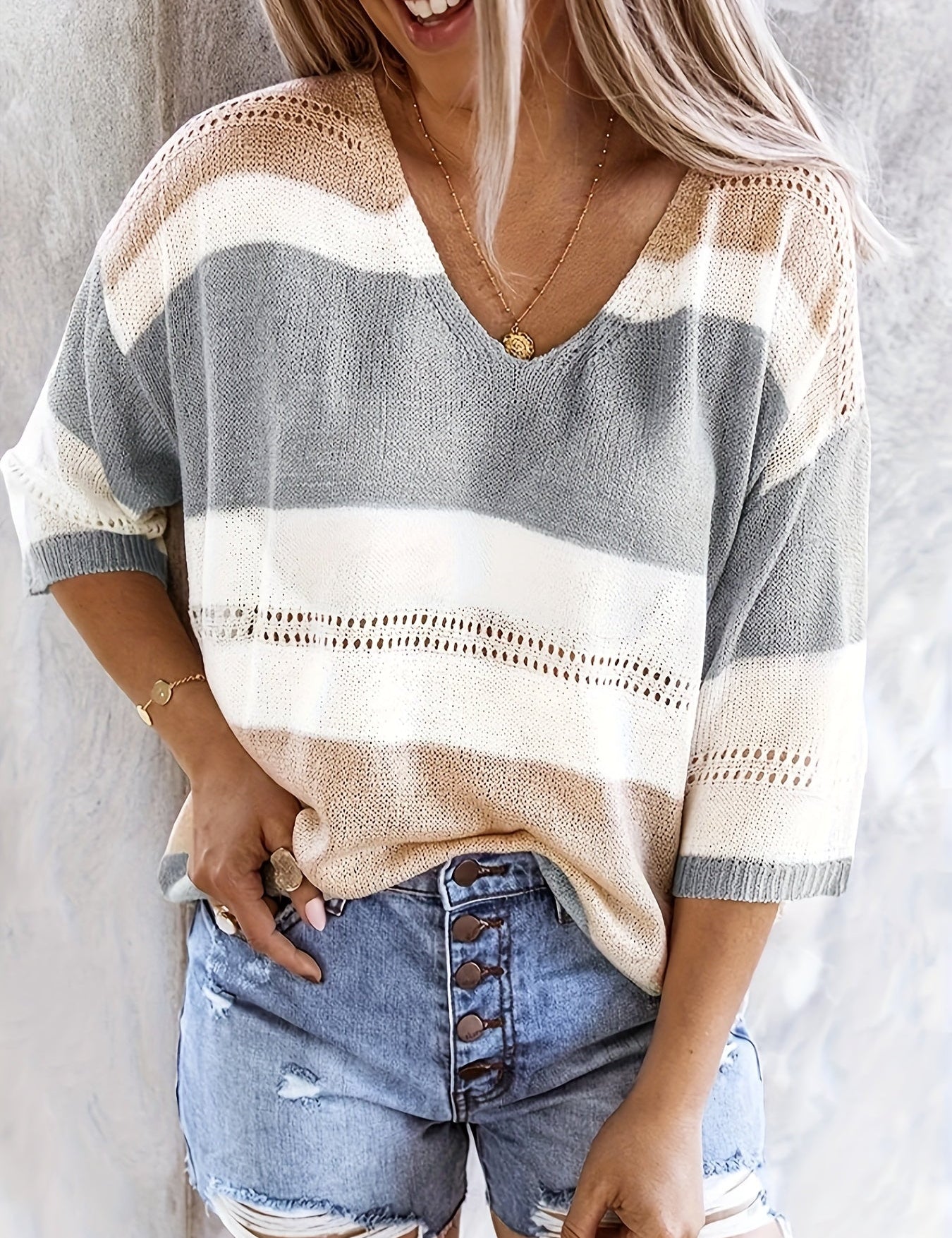 Olga™ striped V-neck pullover sweater, gray, white, and taupe stripes