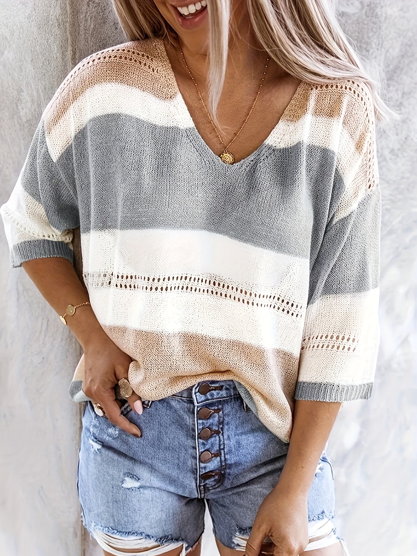 Olga™ striped V-neck pullover sweater, gray, white, and taupe stripes