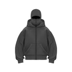 Gray hooded zip sweatshirt with face mask and front pockets