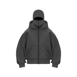 Gray hooded zip sweatshirt with face mask and front pockets