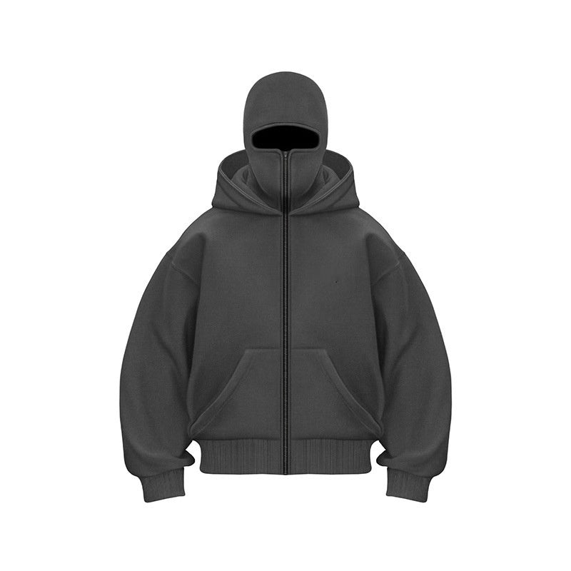 Gray hooded zip sweatshirt with face mask and front pockets