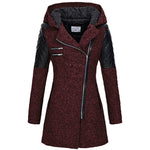 Womens winter parka coat, deep red heather, faux fur-lined hood, quilted sleeve panels