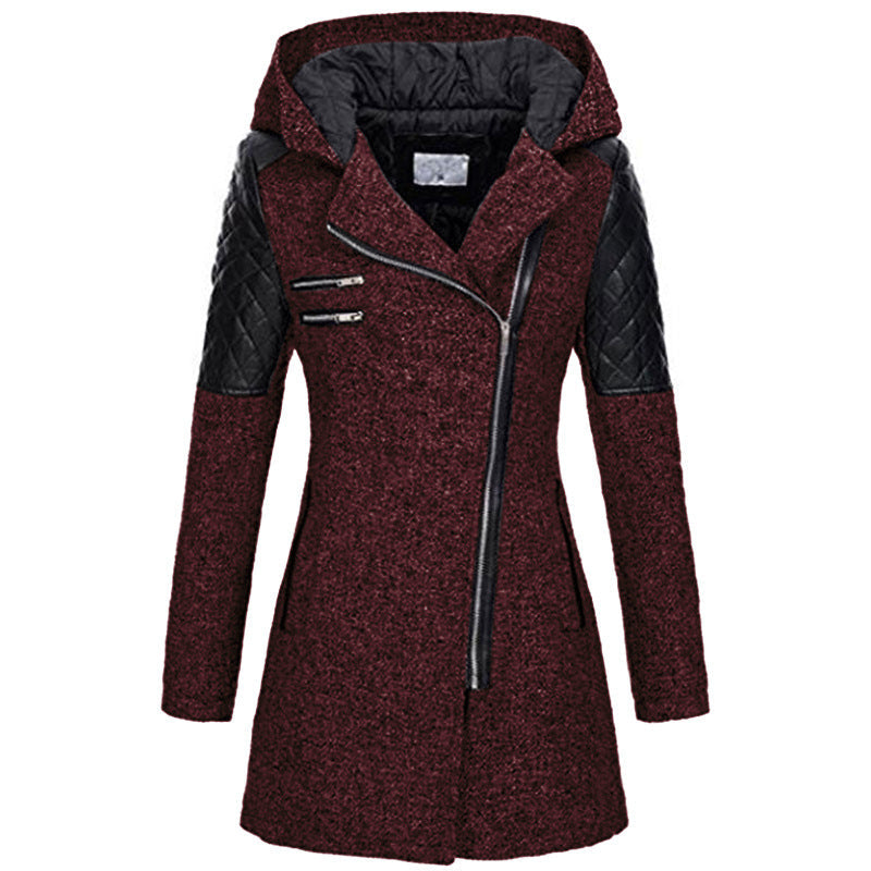 Womens winter parka coat, deep red heather, faux fur-lined hood, quilted sleeve panels