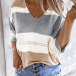 Olga™ striped V-neck pullover sweater, gray and white horizontal stripes