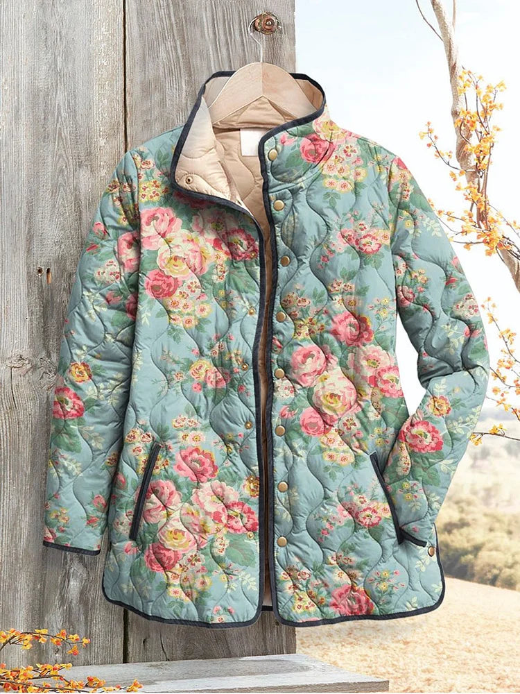 Quilted floral women’s jacket, teal-blue with pink roses, button front and dark trim