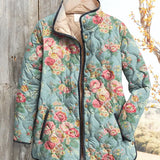 Quilted floral women’s jacket, teal-blue with pink roses, button front and dark trim